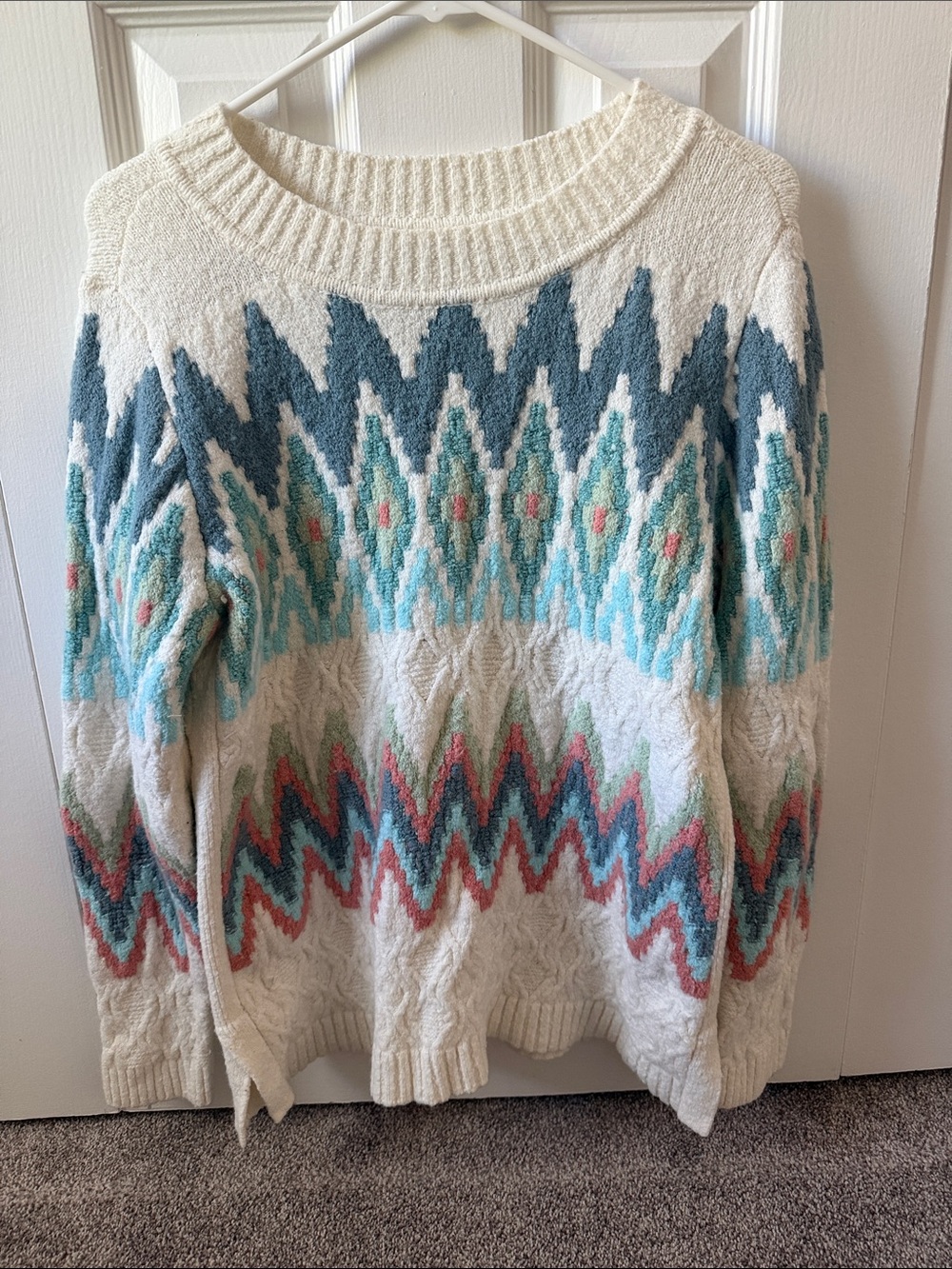Talbots Cream Crewneck Sweater with Teal, Aqua and Coral Pattern
